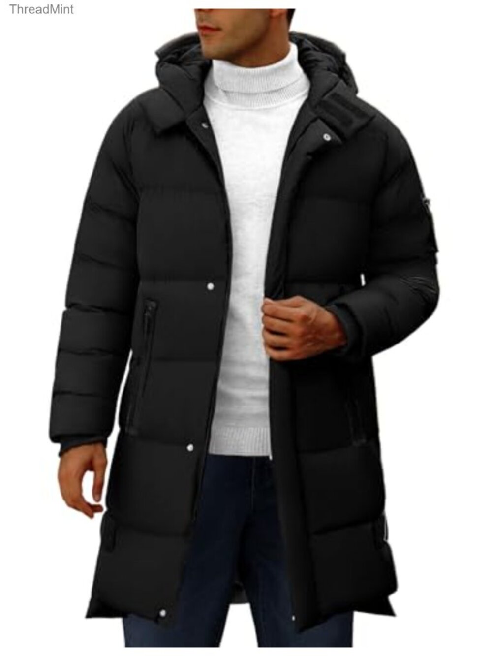 Men's Hooded Quilted Puffer Jacket Winter Warm Long Coat Zip